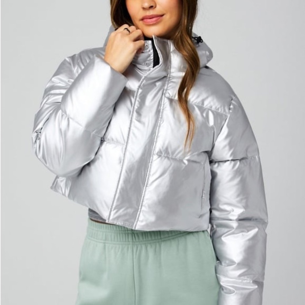 SOLD Fabletics Essential Cropped Hooded Puffer in Silver Shine